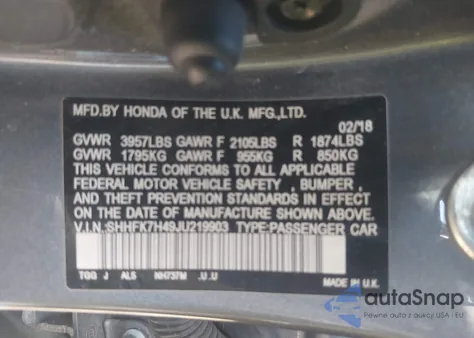 2018 Honda Civic Sport из США, поврежденный, VIN SHHFK7H49JU219903